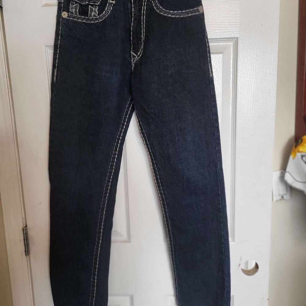 True Religion Women's Dark Blue Contrast-Stitch Jeans Size 30 x 30